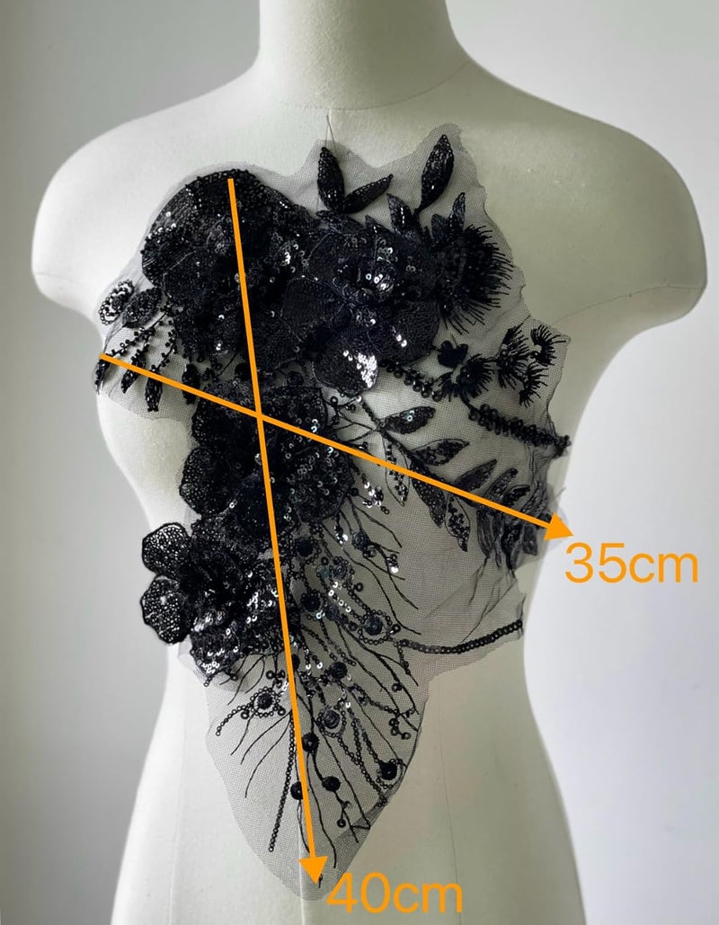 JRYYR Black Sequin Applique Patches, Handmade DIY Sew on 3D Flower Appliques for Clothing,Dresses, Dance Costumes, Bags, Home Decor (Black-A) - Image 2